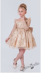 Официална детска рокля в златисто с блясък с дълъг ръкав Естелка