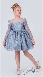 Официална детска рокля в сребристо с блясък с дълъг ръкав Естелка