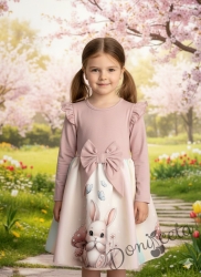 Бебешка/детска рокля в пепел от рози с къдрички, панделка и зайче