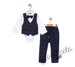 Бебешки комплект от боди-риза в бяло, панталон, елек и папийонка в тъмносиньо