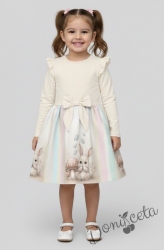 Детска рокля с дълъг ръкав в екрю с къдрички, панделка и зайче