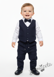 Бебешки комплект от боди-риза в бяло, панталон, елек и папийонка в тъмносиньо