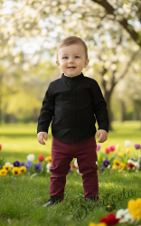 Официален комплект за момче от 2 части-риза в черно БЕЗ яка и панталон в бордо