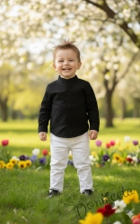 Официален комплект за момче от 2 части-риза в черно БЕЗ яка и панталон в бяло