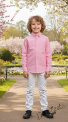  Комплект за момче от 2 части-риза в цвят корал с якичка и панталон в бяло