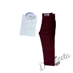 Официален комплект за момче от 2 части-риза в бяло БЕЗ яка и панталон в бордо