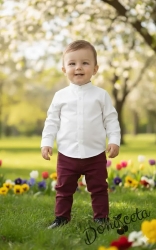 Официален комплект за момче от 2 части-риза в бяло БЕЗ яка и панталон в бордо