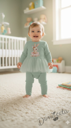 Бебешки рипсен комплект от 2 части- боди в тюркоаз с тюл и картинка зайче и панталонки в тюркоаз