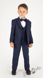 Официален детски костюм в тъмносиньо от 5 части- риза в бяло,сако, елек, панталон, папийонка  