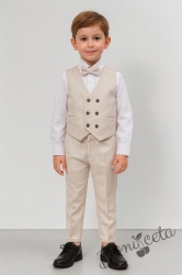 Елегантен костюм в бежово за момче от 4 части елек с два реда копчета, риза в бяло, панталон и папийонка  от колекция Бежина