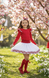 Комплект за момиче за баба Марта от 4 части-пола в бяло, блуза в червено с къдрици с фолклорни/етно мотиви, чорапи в червено с панделка с етно мотиви и диадема