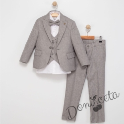 Официален костюм в сиво за момче от 5 части с риза, сако, елек, панталон и папийонка 