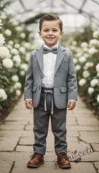 Спортно-елегантен костюм за момче от 4 части в сиво - риза в бяло, сако с джобове, панталон  с връзки и папийонка
