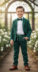 Спортно-елегантен костюм за момче Зелениада от 4 части в зелено- риза в бяло, сако с джобове, панталон  с връзки и папийонка 