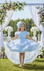 Официална празнична детска рокля Даная в светлосиньо с ефирен тюл на пластове, шлейф и фиба за коса