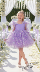 Официална детска рокля с къс ръкав в лилаво  Розела