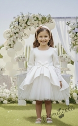  Официална детска рокля Мариска с дълъг ръкав в бяло и богат тюл 