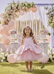  Официална детска рокля Мариска с дълъг ръкав в прасковено и богат тюл 