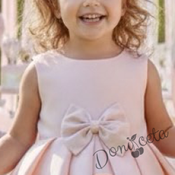 Официална детска рокля от плат Мариска без ръкав в прасковен цвят с тюл и шлейф