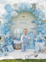  Официален бебешки комплект в светлосиньо с боди-риза в бяло, панталон, елек и папийонка 