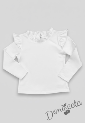 Детска бяла блуза с дълъг ръкав и къдрички на рамената и бието 