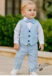 Бебешки елегантен комплект в светлосиньо с боди-риза в бяло, панталон, елек и папийонка 