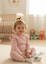 Бебешки релефен комплект за момиче  от две части боди с дълъг ръкав и къдрички  и клинче в пепел от рози
