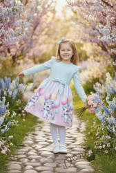 Детска рокля в тюркоаз  с къдрички, панделка и еднорог