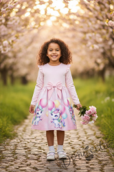 Детска рокля с дълъг ръкав в цвят пудра с къдрички, панделка и еднорог