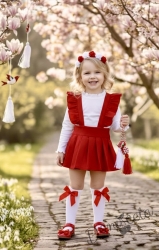 Комплект трико за момиче от сукман в червено Гери с къдрички в и бяла блузка с дълъг ръкав 