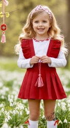 Детски Комплект трико за момиче от сукман в червено Гери с къдрички  и бяла блузка с дълъг ръкав с къдрички с червен завършек