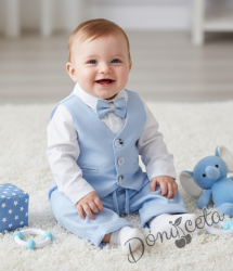 Бебешки комплект от 4 части боди-риза в бяло, панталон, елек и папийонка в светлосиньо