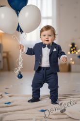 Бебешки комплект за момче от 4 части- боди-риза в бяло с панталон, сако и папийонка в тъмносиньо 