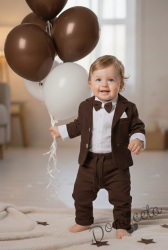 Бебешки комплект за момче от 4 части- боди-риза в бяло с панталон, сако и папийонка в кафяво