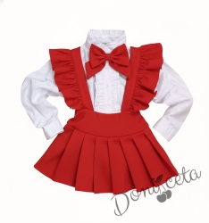 Комплект за момиче от 3 части- сукман Гери в червено с плисирана пола, риза в бяло с дълъг ръкав и къдрички и панделка в червено