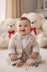 Бебешки комплект за момче от 4 части- боди-риза в бяло с панталон, сако и папийонка в екрю