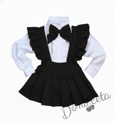 Комплект за момиче от 3 части- сукман Гери в черно с плисирана пола, риза в бяло с дълъг ръкав и къдрички и панделка в черно