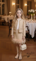 Интересен детски комплект от 4 части сако и пола в златисто блузка в бяло и чанта с перли 