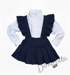Комплект за момиче от плисиран сукман Гери трико в тъмносиньо и риза в бяло с дълъг ръкав с висока яка