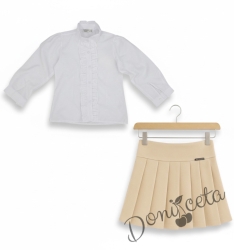 Комплект за момиче от 2 части-пола Тамара в бежово и риза с дълъг ръкав в бяло с къдрички 