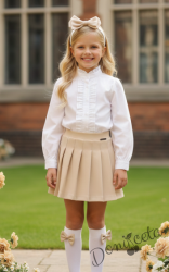 Комплект за момиче от 2 части-пола Тамара в бежово и риза с дълъг ръкав в бяло с къдрички 