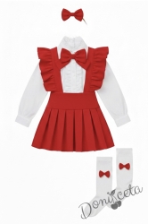 Комплект за момиче от 5 части- сукман Гери в червено с плисирана пола, риза в бяло с дълъг ръкав и къдрички ,панделка за ризка и чорапки и диадема в  червено
