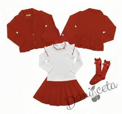 Комплект от пола Гери и сако в червено, блузка с дълъг ръкав  обкрайчена с червено и чорапи с панделка