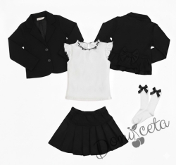 Комплект от пола Гери и сако в черно, тениска в бяло с къс ръкав обкрайчена с черно и чорапи с панделка