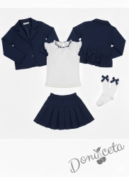 Комплект от пола Гери и сако в тъмносиньо, тениска в бяло с къс ръкав обкрайчена със сини шевове и чорапи с панделка