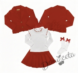Комплект от пола Гери и сако в червено, блузка с дълъг ръкав  обкрайчена с червено и чорапи  в бяло с панделка