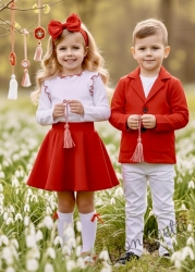 Детско сако трико за момче в червено с джобчета