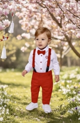 Официален детски комплект за момче от панталон в червено, риза в бяло, тиранти и папийонка от колекция Червеника