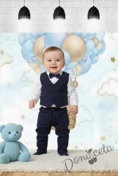 Бебешки комплект от боди-риза в бяло съчетано с  панталон, елек и папийонка в тъмносиньо