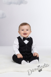 Бебешки спортно-елегантен комплект в черно от боди-риза в бяло, панталон, елек и папийонка